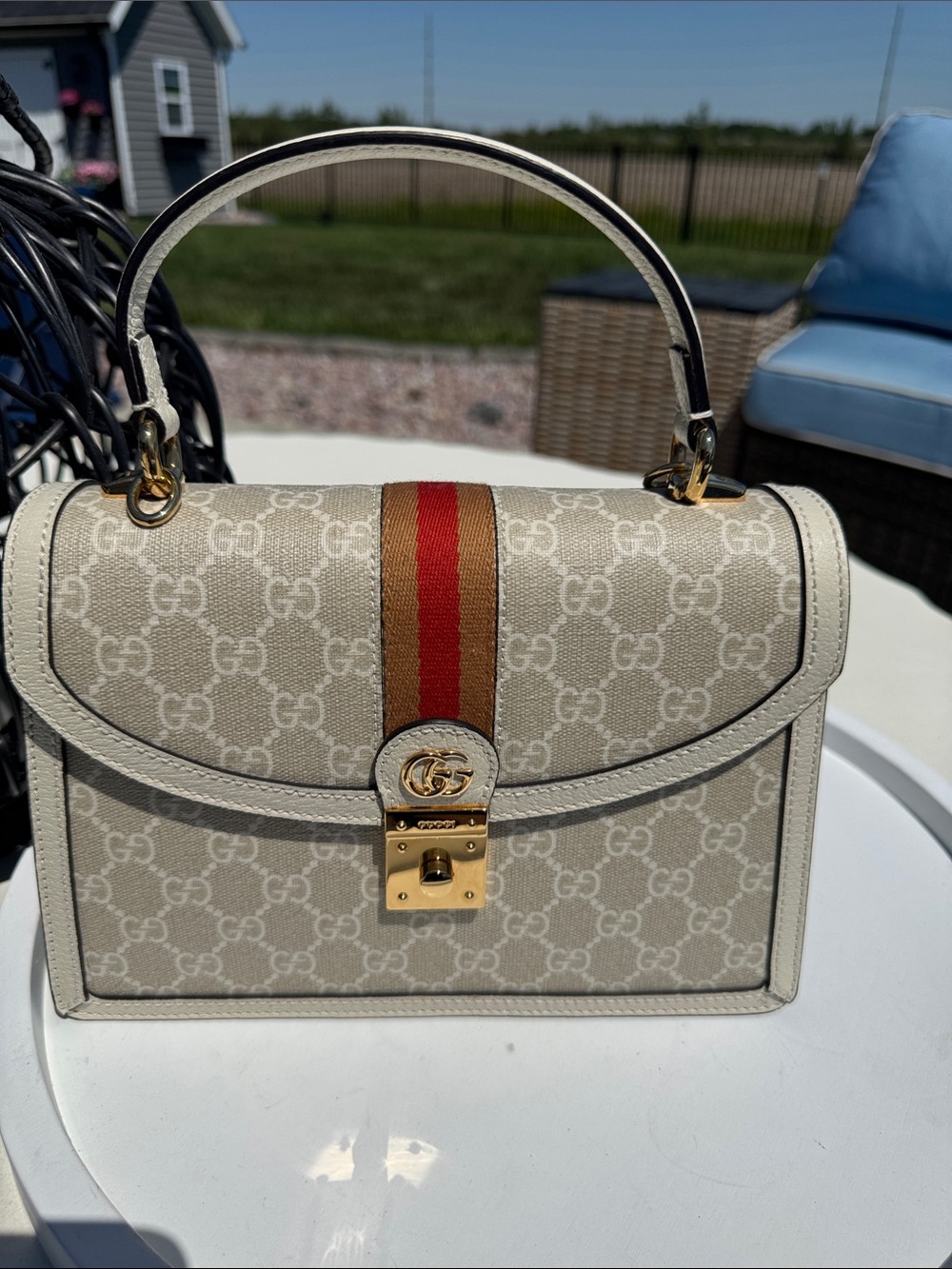 Gucci Beige GG Top Handle Satchel with Red and Brown Stripe